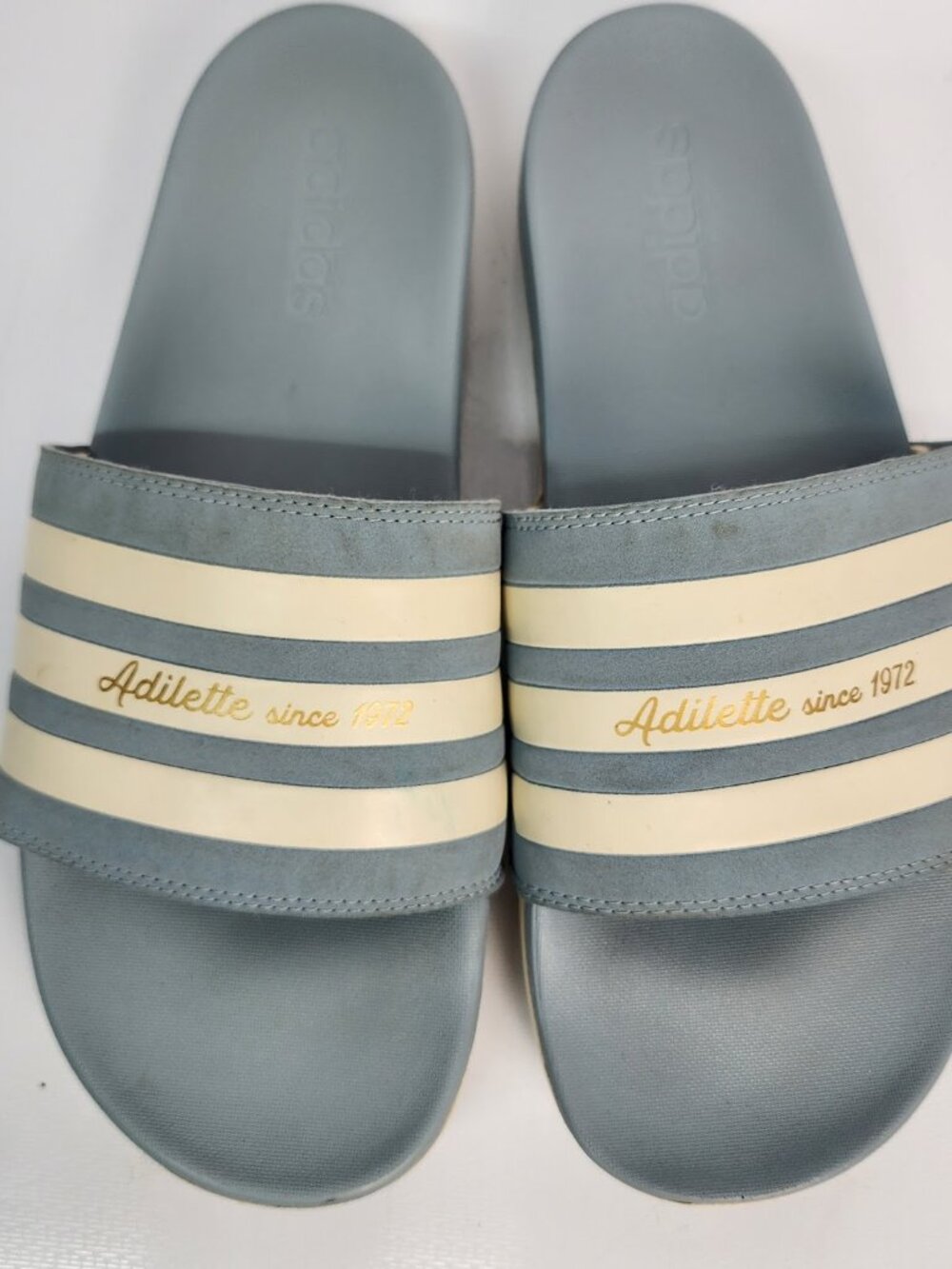 Mens 11 Adidas Slides Dusty Blue White Stripes Summer Sandals